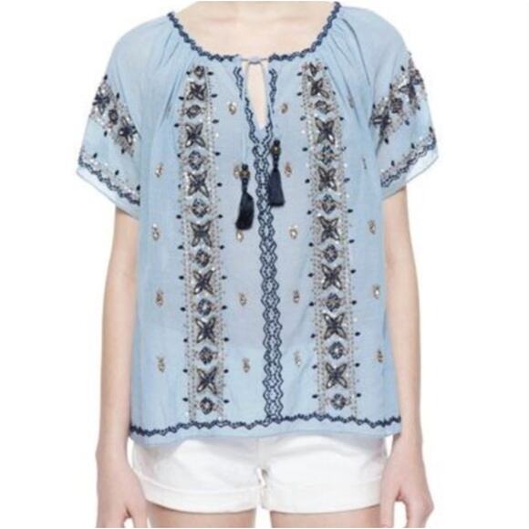 CALYPSO ST. BARTH | Blue Gauze Beaded Boho Peasant Top Short Sleeve  Medium - Picture 1 of 9